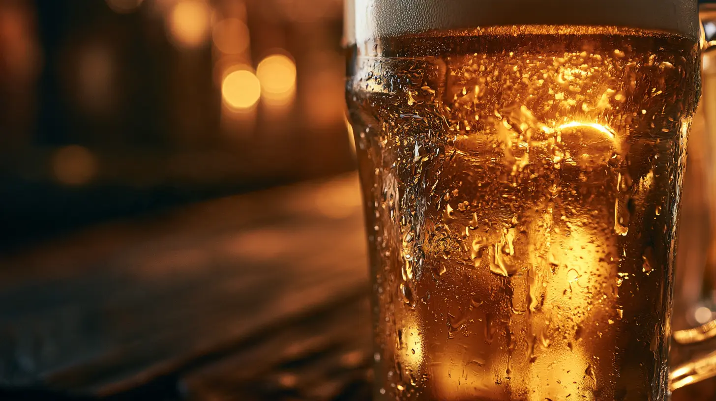 Kaltes Bier mit Kondenswasser im warmen Wirtshauslicht