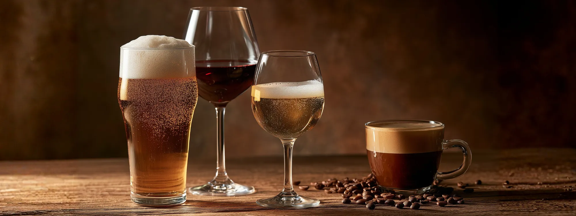 Bier, Rotwein, Weißwein und ein Kaffee auf einem Holztisch